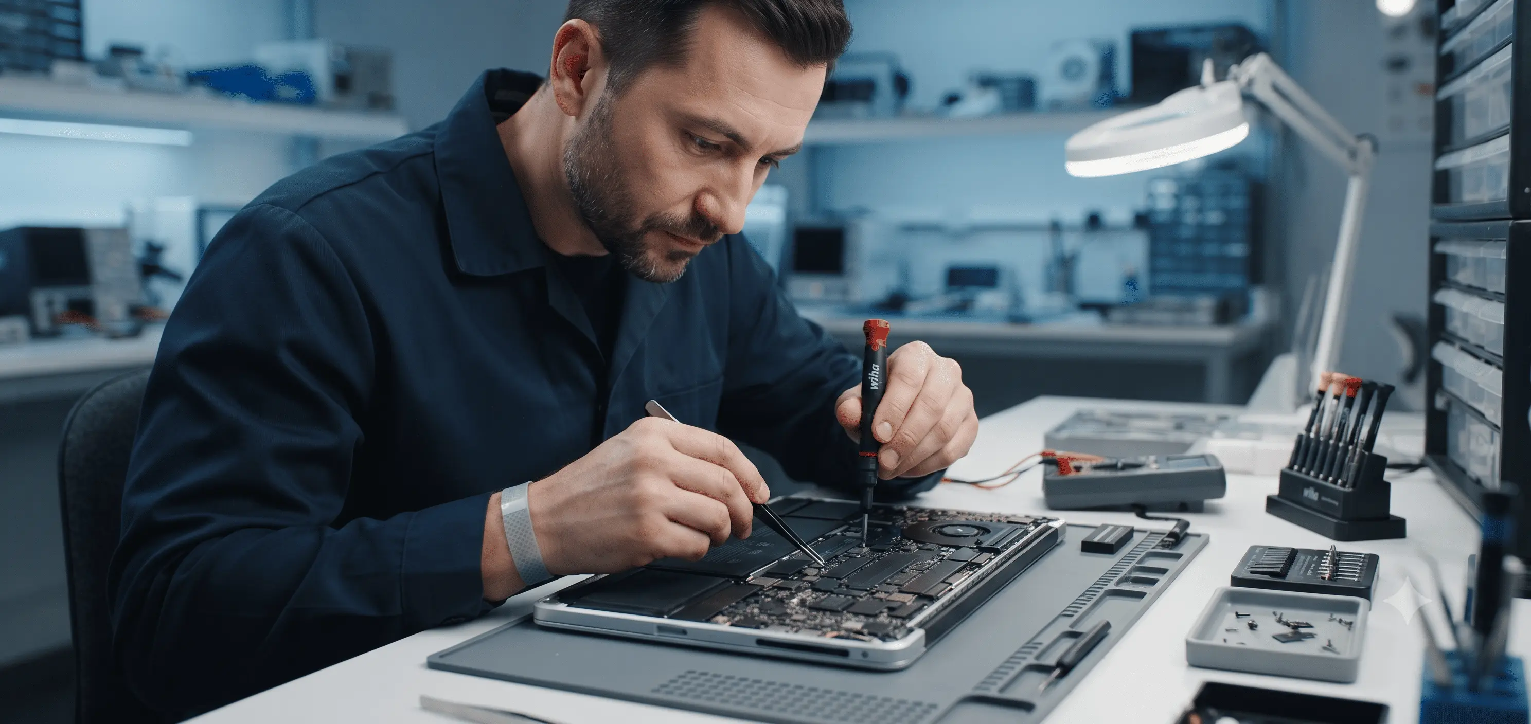 MacBook repair technician inspecting a device at Makbuck Solutions